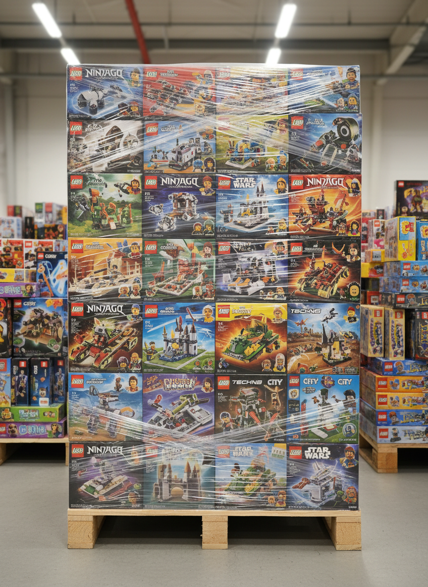 A dedicated pallet of boxed LEGO sets arranged like a colorful wall, with every visible face showing vibrant building kit artwork behind a layer of neatly applied clear plastic wrap. The pallet sits in a tidy warehouse corner, surrounded by other toy and game pallets that are softly blurred. Overhead lighting and a subtle side fill create bright, even illumination that makes the colors pop without harsh reflections. Captured straight-on at eye level, the photographic composition fills most of the frame with the geometric grid of LEGO boxes, conveying abundance, collectability, and the appeal of themed toy loads tailored for resellers and collectors.