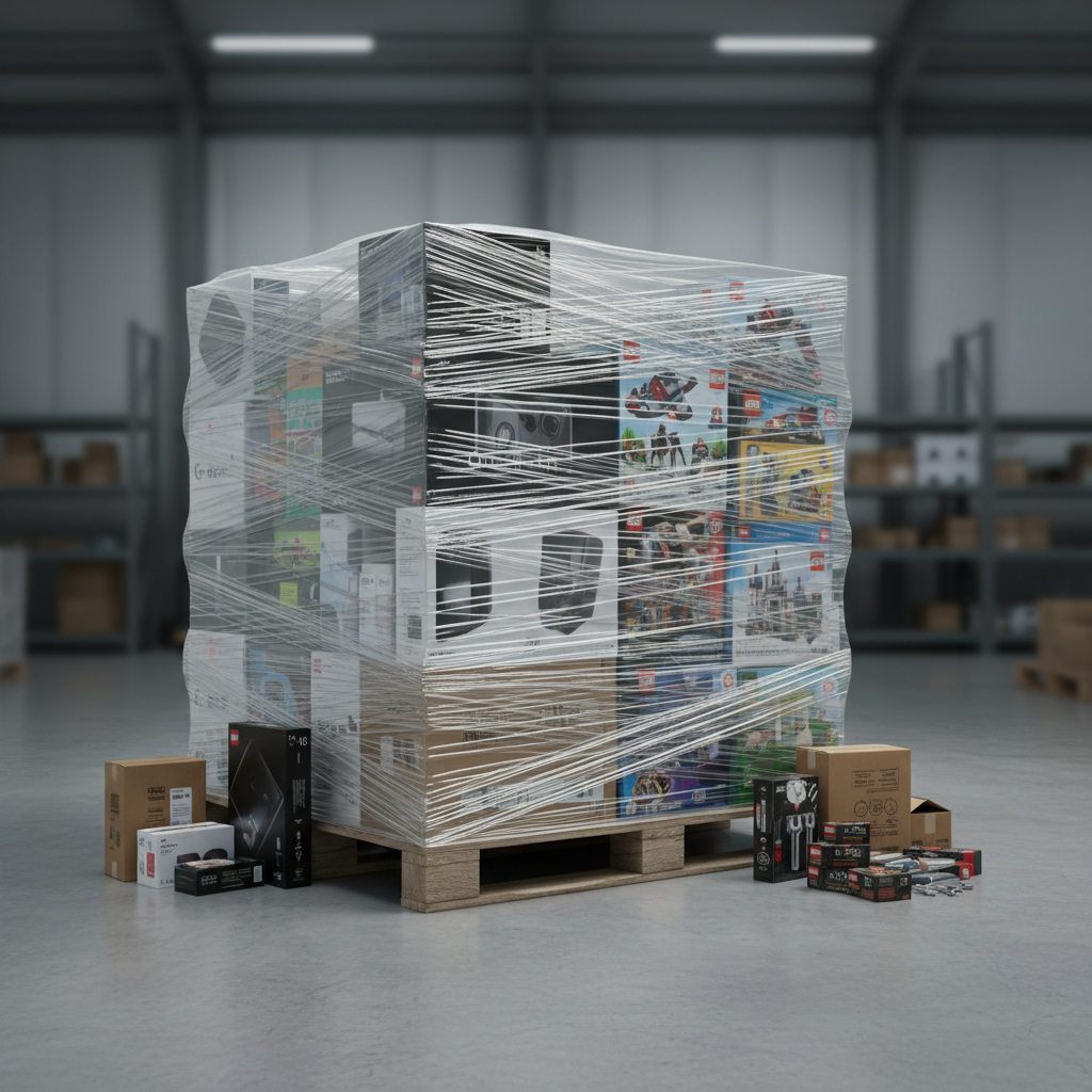 A single premium liquidation pallet positioned on a smooth concrete floor, tightly wrapped in clear plastic with visible branded electronics boxes, LEGO sets, and neatly stacked toy packages. Around the base, a few loose but unopened cartons of beauty products and small tools lean against the pallet, hinting at variety. Neutral warehouse walls and discreet metal shelving occupy the softly blurred background. Cool, even studio-style lighting from above and slightly to the side reveals textures on the cardboard and plastic wrap, creating subtle highlights and shadows. Captured from a slightly elevated three-quarter angle in clean photographic realism, the composition centers the pallet and conveys value, mystery, and opportunity without showing any people or text.
