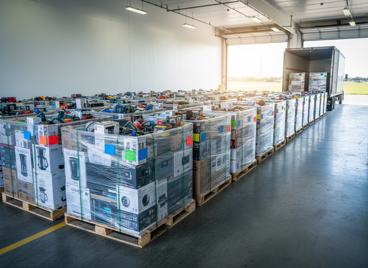 A truckload-scale line of liquidation pallets arranged neatly inside a clean loading bay, stretching from the foreground toward the open rear of a semi trailer. Each pallet is wrapped and labeled visually with colored tags but no readable text, containing a mix of home goods, tools, toys, and electronics. The open trailer doors reveal bright daylight outside, with natural light streaming in and mixing with cooler overhead fixtures to create dynamic highlights and long, soft shadows on the polished concrete. Shot from a slightly elevated, wide-angle perspective, the photographic scene emphasizes capacity, nationwide shipping readiness, and logistics capability while maintaining a professional, organized mood.