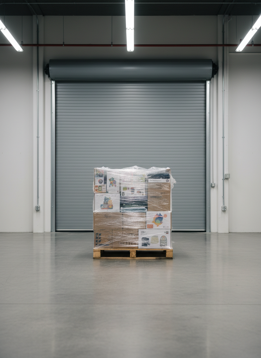 A single pallet positioned as if ready for local pickup, standing alone near a warehouse roll-up door that is closed, keeping the exterior and precise location confidential. The pallet is tightly wrapped and loaded with mixed boxes of toys, clothing, and small household items, clearly visible but unbranded. Overhead industrial lights cast even illumination with mild reflections on the concrete floor. The photographic composition uses a centered, eye-level view with generous negative space around the pallet, creating a calm, orderly mood and subtly suggesting appointment-only pickup without revealing any address or signage.