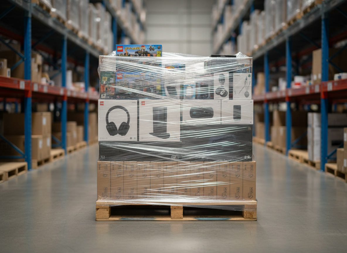 A high-value electronics liquidation pallet on a warehouse floor, tightly wrapped with clear stretch film that reveals neatly arranged laptop boxes, gaming consoles, headphones, and small speaker packages. A few bright LEGO boxes and sealed accessories are visible at the top, adding color and variety. The setting is a modern fulfillment space with smooth concrete, organized racking in the distance, and no visible logos or text. Controlled studio-style lighting from the upper left creates crisp highlights along the plastic wrap and soft shadows on the floor. Photographed at eye level with a shallow depth of field, the pallet is in razor-sharp focus while the background gently blurs, communicating premium quality, security, and strong resale potential.