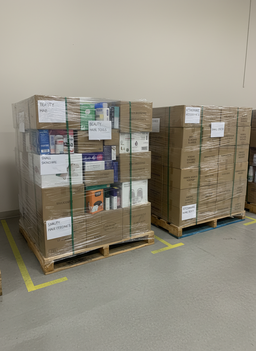 A compact, mixed-category liquidation pallet optimized for small resellers, stacked with medium-size cartons labeled for beauty, skincare, hair tools, and small electronics, all visible through clear wrap. Beside it, another pallet with neatly stacked home goods boxes—kitchenware and small decor—adds context. The scene is set in a bright, organized staging area with taped floor markings and a neutral wall, no text or branding visible. Soft, diffused overhead lighting creates minimal shadows for a clean catalog-style look. Photographed from a slightly elevated angle with sharp focus throughout, the image feels precise, professional, and ready-made for an online listing or inventory overview.