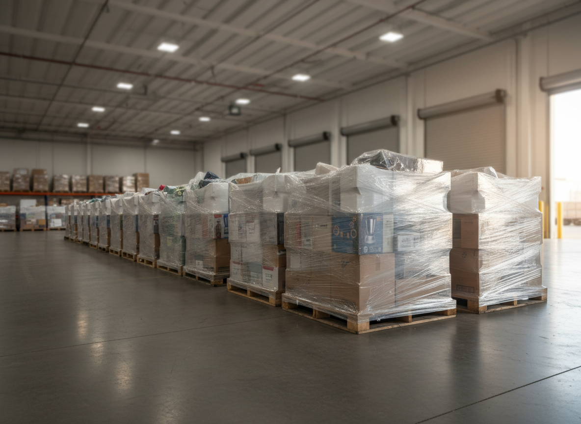 A row of mystery pallets lined up on a polished concrete dock area, each pallet wrapped in opaque white and semi-translucent plastic so only silhouettes of mixed boxes and products are visible. Faint outlines suggest toys, small appliances, and clothing cartons without revealing brands. The background shows the open interior of a tidy warehouse with stacked pallets and loading bay doors, softly out of focus. Late afternoon natural light spills in from the dock openings, mixing with gentle overhead illumination to create a balanced, inviting glow. Shot from a low, slightly angled perspective, the photographic image emphasizes the height and depth of the pallets, evoking curiosity and excitement about undisclosed contents in a clean, professional environment.